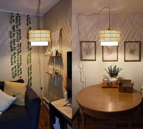 Super Chic Handwoven Rattan Plug In Pendant Light With Nifty Inline Dimmer And Removable Double Drum Shades For Low Key Cool Boho Kitchen Island Home Decor Flex hanging above a dining table with decorative wall.