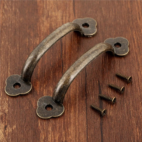 Vintage 85mm Drawer Knob Set For Cabinets And Dressers, 4 Pack Wooden Jewelry Box Pull Handles with screws on wood surface