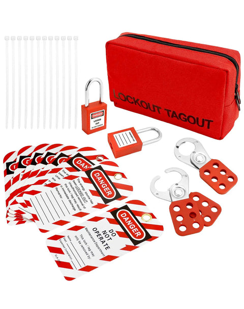 Lockout Tagout Kit With Hasps, Red Loto Locks, And Two Padlocks With Keys For Electrical Lockout Safety, Group Lockout Hasps, Durable Steel Jaws, OSHA Compliant Lockout Tools For Quick No Fuss Electrical Shutdowns.
