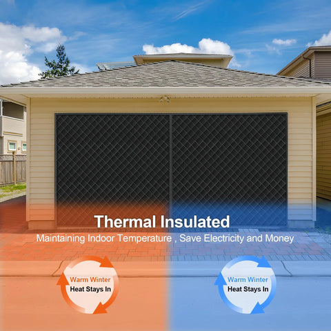 Heavy Duty Magnetic Screen Door For Two Car Garage With Upgraded PET Mesh Four Roll Up Straps Fits 196 By 98 Inches Perfect For Patio Vibes And Outdoor Living shown on a garage with thermal insulation effect.