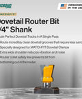 Matchfit Dovetail Router Bit 14 Degree Cutter, 1/2 Inch Diameter, 1/4 Inch Shank shown with yellow tip on metallic base
