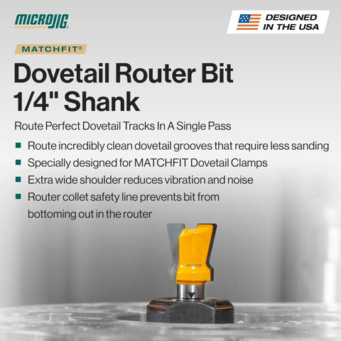 Matchfit Dovetail Router Bit 14 Degree Cutter, 1/2 Inch Diameter, 1/4 Inch Shank shown with yellow tip on metallic base