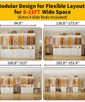 Modular Walk In Closet System with 4 Sets Extending 8 to 21 Feet with flexible layout showing various widths and drawer organization.