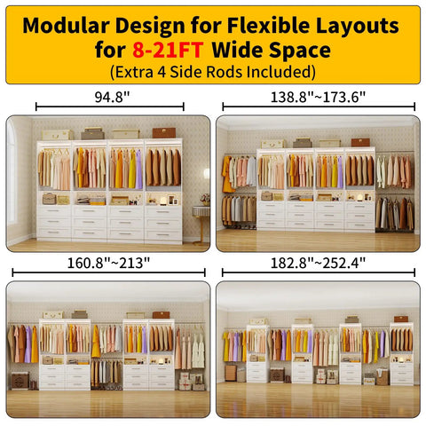 Sleek Walk In Closet System Featuring Eight Adjustable Hanging Rods And Twelve Durable Pull Out Drawers For A Hella Smart Modular Layout That Doubles As A Clean Game Changer For Tight Living Spaces with varying widths.