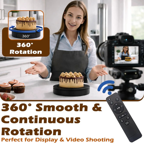 Prolee 12 Inch Electric Rotating Turntable 360 Degree Motorized Display Stand with cake during product photography session.