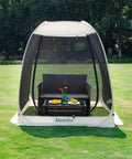 Pop Up Screen House Gazebo Igloo Canopy With Mosquito Netting Sides Instant UV Resistant Sun Shelter For Backyard Hangout Garden Patio Beige 6 By 6 Feet Lightweight Portable Easy Set Up No Tools Needed, showing outdoor setup with seating inside.