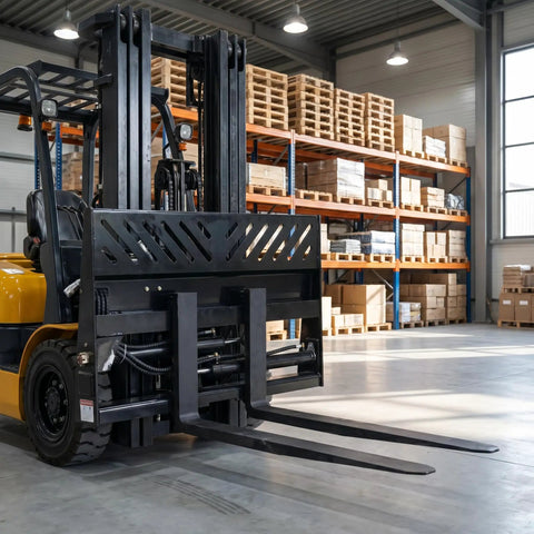 Rock Solid Hydraulic Adjustable Sliding Forks Designed For Your Skid Steer Loader in warehouse setting with pallets.