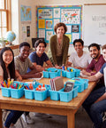 Students around table with 24 Pack Classroom Caddies Bulk With 3 Compartments And Easy Grip Handle Plastic Stackable Storage Caddies