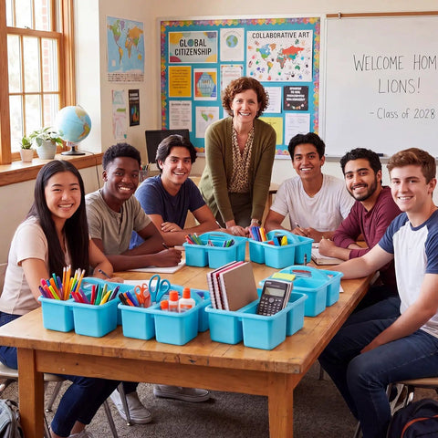 Students around table with 24 Pack Classroom Caddies Bulk With 3 Compartments And Easy Grip Handle Plastic Stackable Storage Caddies