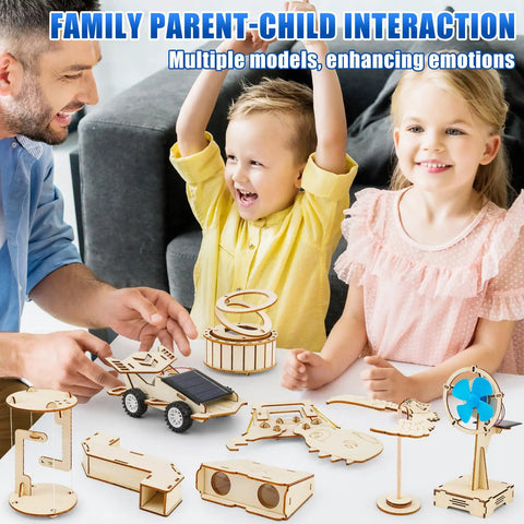 Family using 8 In 1 STEM Science Kit For Kids Aged 8 To 14 With Solar Powered Car Anti Gravity Device Telescope Periscope Dinosaur Claw