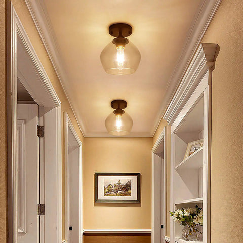 Modern Semi Flush Mount Ceiling Light With Clear Glass Shade, Industrial Close To Ceiling Fixture In Black, hallway view