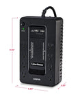 650 VA UPS Battery Backup With Eight Outlets For Home Office, sealed lead acid battery, front view with measurements