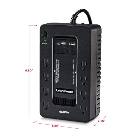 650 VA UPS Battery Backup With Eight Outlets For Home Office, sealed lead acid battery, front view with measurements