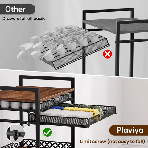 Comparison image highlighting Heavy Duty 5 Tier Floor Standing Coffee Cart With Spacious Pod Storage Organizer For Kitchen Bar Station's secure drawers.