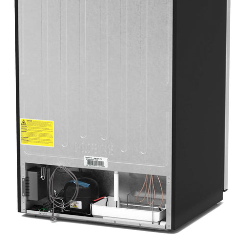 Twenty One Cubic Feet Upright Convertible Refrigerator Freezer Combo With Adjustable Drawers For Stashing Fresh Groceries And Keeping Cold Bevvies Chilled In Your Garage back view showing cooling components and wiring.