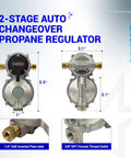 Front view of 2 Stage Auto Changeover RV Propane Regulator Dual Tank System With Two 18 Inch Stainless Braided Hoses And Gauge For Camper Van Trailer RV CSA Certified Safe Leak Resistant Performance showing measurements and connections.