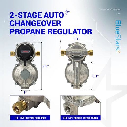 Front view of 2 Stage Auto Changeover RV Propane Regulator Dual Tank System With Two 18 Inch Stainless Braided Hoses And Gauge For Camper Van Trailer RV CSA Certified Safe Leak Resistant Performance showing measurements and connections.