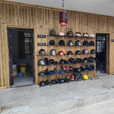 Heavy Duty Hard Hat Rack Organizer With Metal Wire Storage Cubes Tool Free Helmet Holder For Construction Sites Industrial Workshops Garages And Home Workspaces Punch Free Display Solution organizing helmets on wall.