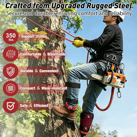 Man using Tree Climbing Spikes Set with Rope and Straps for Climbers Hunters Fruit Pickers and Loggers Durable Manganese Steel Claws