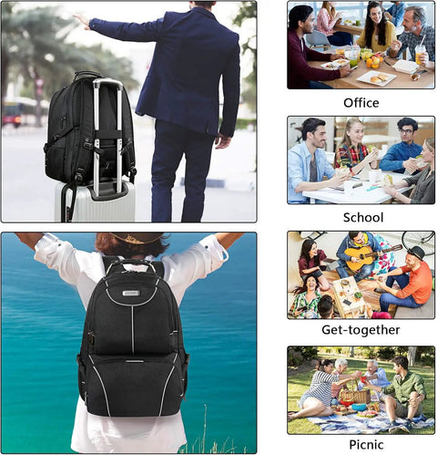 Back view of person with Insulated Lunch Backpack With Leakproof Cooler Compartment For Office Travel And College on suitcase, various uses