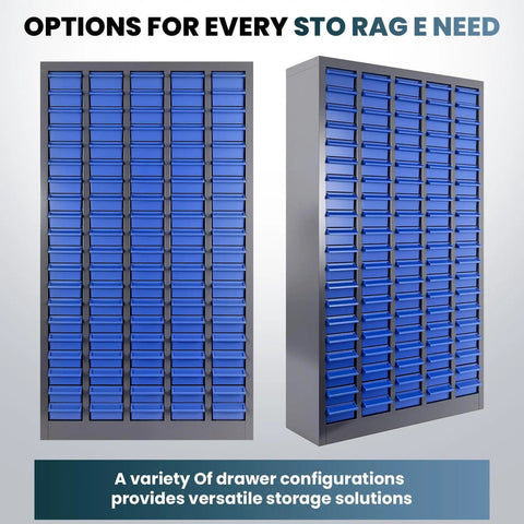 Built Like A Tank Heavy Duty 100 Drawer Parts Cabinet Steel Bolt Organizer showcasing blue trays and organized storage.