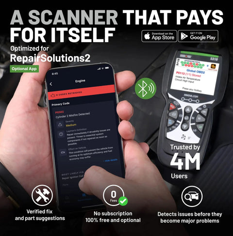 Person holding smartphone displaying engine codes beside the OBD2 Scanner For ABS And SRS Codes, Check Engine Light Diagnostic Tool.