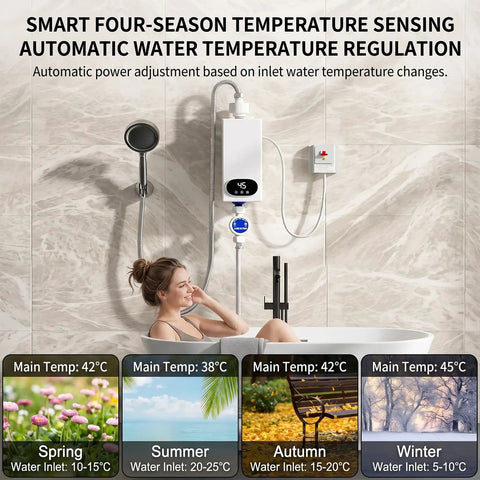 Compact Tankless Instant Electric Water Heater 3000W 110V Gotta Have Quick Hot Water mounted in bathroom for temperature sensing.