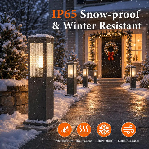 Slick Hardwired Outdoor Pathway Lights E26 Socket 23 Inch Tall landscaped lights on snowy walkway, IP65 waterproof aluminum design.