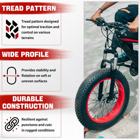 Fat Tire 20x4 Inch E Bike Mountain Tire For Electric MTB All Terrain Fat Bicycle Tire With Durable Rubber Superior Shock Absorption Heat Resistant Easy Rolling And Inflates Up To 20 PSI on e-bike front wheel