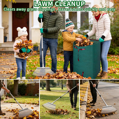 Family using Heavy Duty Garden Rake Set 62 Inch Rake With 72 Gallon Leaf Bag 18 Inch Wide 25 Tines Metal Rake and gloves for yard cleanup.