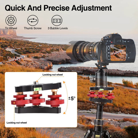 Tripod Leveling Base with Camera Head Leveler for Seestar S50 Seestar30 showing adjustment knobs and bubble levels.