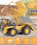 Remote Control Dump Truck Toy With Metal Bed And Lights And Sounds, real tilting dump bed at 45 degrees, outdoor play view