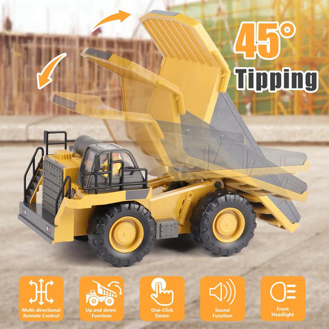 Remote Control Dump Truck Toy With Metal Bed And Lights And Sounds, real tilting dump bed at 45 degrees, outdoor play view