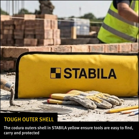 Heavy Duty Nylon Carrying Case For Plate Levels 6ft To 10ft With Adjustable Strap Lined Interior Multiple Tool Compartments And Tough Cordura Shell In Bright Yellow For Easy Transport And Safe Storage on construction site with tools