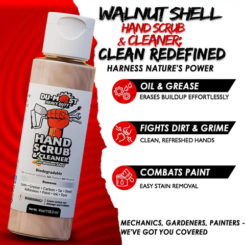 Bottle of DU-MOST Heavy-Duty Hand Scrub & Cleaner, walnut shell formula, 4oz size with benefits listed for oil, grease, dirt removal.