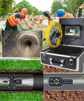 Heavy Duty Waterproof Snake Camera With Dual Lens And 9 Inch Color Monitor Game Changing Drain Inspection Kit Featuring 50 Meter Wire Length showing monitor, camera, and yellow cable.