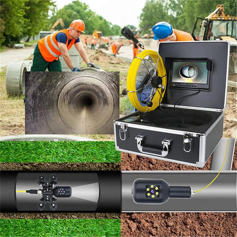 Heavy Duty Waterproof Snake Camera With Dual Lens And 9 Inch Color Monitor Game Changing Drain Inspection Kit Featuring 50 Meter Wire Length showing monitor, camera, and yellow cable.