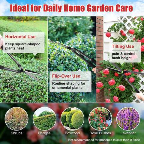 Self Sharpening High Carbon Steel Hedge Trimmers With 2x Leverage Long Handles For Effortless Pruning demonstrated in garden use