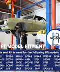 Rotary Lift hydraulic seal kit; car on blue two-post lift, mechanic working on front wheel.