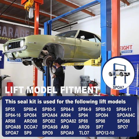 Rotary Lift hydraulic seal kit; car on blue two-post lift, mechanic working on front wheel.