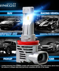 Badass H7 Powersports Headlight Bulbs 6500K Crisp White With Inline Cooling Fans Wireless Plug And Play Vehicle Accessory Pack Of Two close-up view of LED headlight bulb.