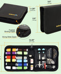 Compact Sewing Kit For Beginners Portable Travel Essentials With 12 Thread Colors And 75 Plus Tools in black case opened with tools displayed