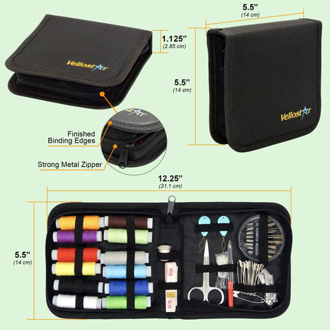 Compact Sewing Kit For Beginners Portable Travel Essentials With 12 Thread Colors And 75 Plus Tools in black case opened with tools displayed