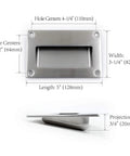 Concealed Recessed Flush Pulls 5 Inch By Three And One Quarter Inch Brushed Nickel Rectangular Hidden Handles dimensions front and side view