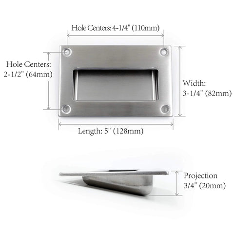 Concealed Recessed Flush Pulls 5 Inch By Three And One Quarter Inch Brushed Nickel Rectangular Hidden Handles dimensions front and side view