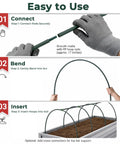 Garden Hoops for Raised Beds and Greenhouses, 24 Pack DIY Kit showing three steps: connecting, bending, inserting 17-inch hoops.