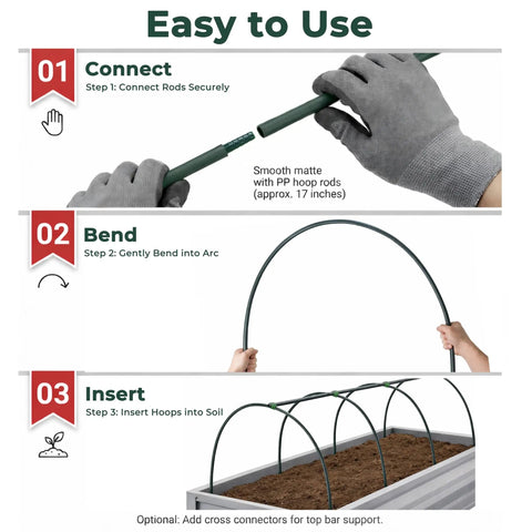 Garden Hoops for Raised Beds and Greenhouses, 24 Pack DIY Kit showing three steps: connecting, bending, inserting 17-inch hoops.