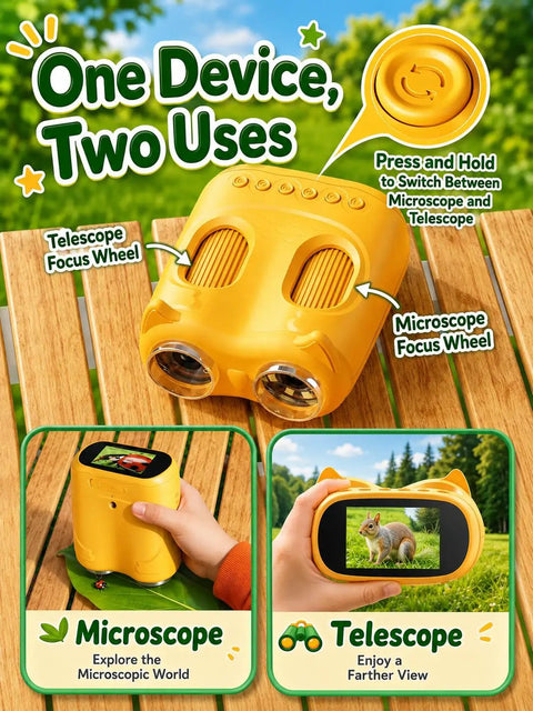 2 In 1 Digital Kids Microscope And Telescope With 2 Inch LCD Screen, 1000X Magnification For Bug Exploration And Nature Discovery, 10X Telescope For Distant Views Of Plants And Birds, Fun STEM Toy For Curious Explorers, yellow handheld device