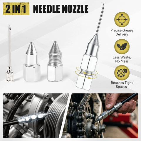 Mini Grease Gun Kit With 4500 PSI Power, Garage Ready Upgraded Double Handle 6 Jaw Locking Coupler, needle nozzle in use