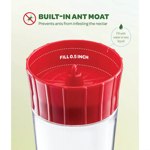 Close-up of Set Of 2 10 Ounce Hummingbird Feeders With Built In Ant Guard, Wide Mouth For Easy Filling, circular perch visible.